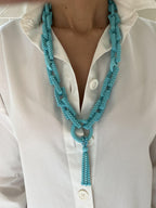 Teal Blue Turquoise Round Fancy Beads Long Tie Unique Tassel Statement Necklace