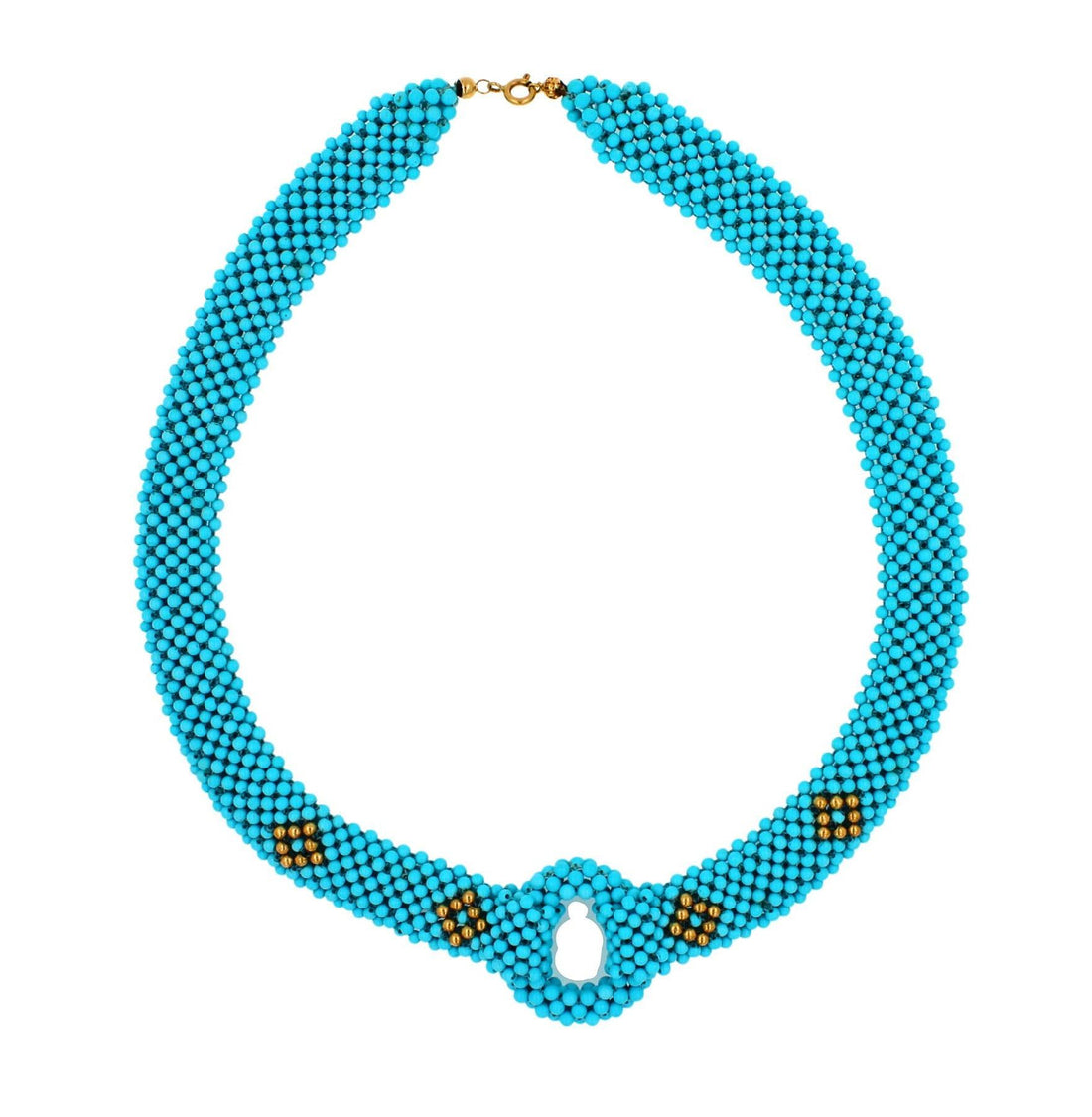 Teal Blue Turquoise Round Fancy Beads Unique Choker 14K Gold Statement Necklace