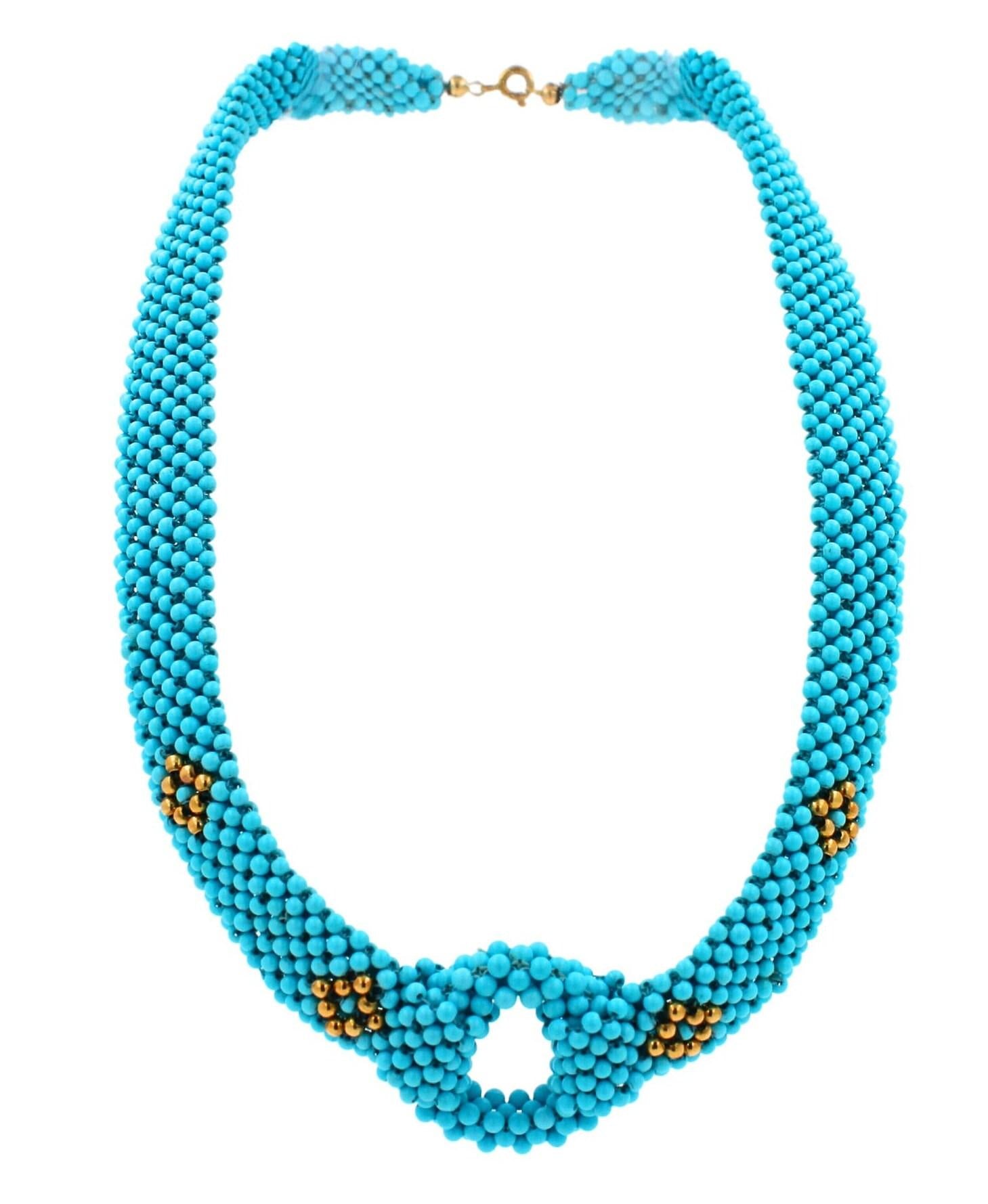 Teal Blue Turquoise Round Fancy Beads Unique Choker 14K Gold Statement Necklace