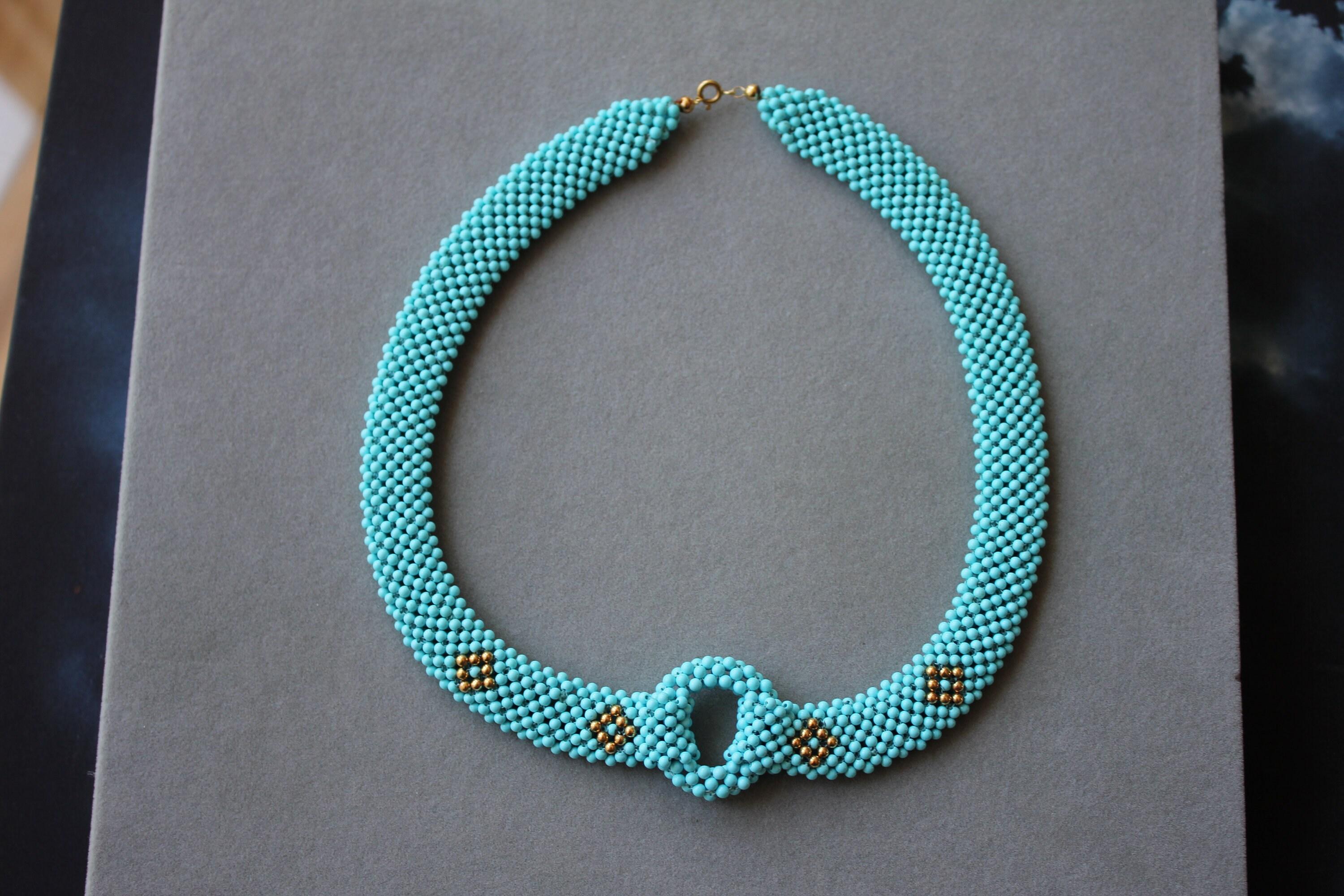 Teal Blue Turquoise Round Fancy Beads Unique Choker 14K Gold Statement Necklace