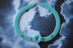 Teal Blue Turquoise Round Fancy Beads Unique Choker 14K Gold Statement Necklace