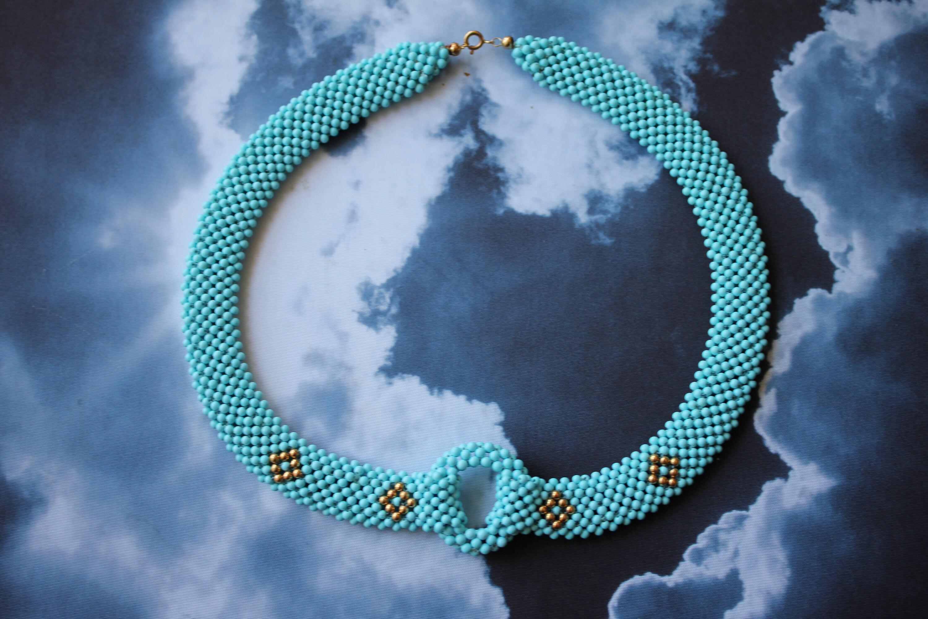 Teal Blue Turquoise Round Fancy Beads Unique Choker 14K Gold Statement Necklace