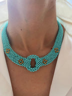 Teal Blue Turquoise Round Fancy Beads Unique Choker 14K Gold Statement Necklace