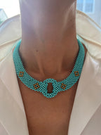 Teal Blue Turquoise Round Fancy Beads Unique Choker 14K Gold Statement Necklace