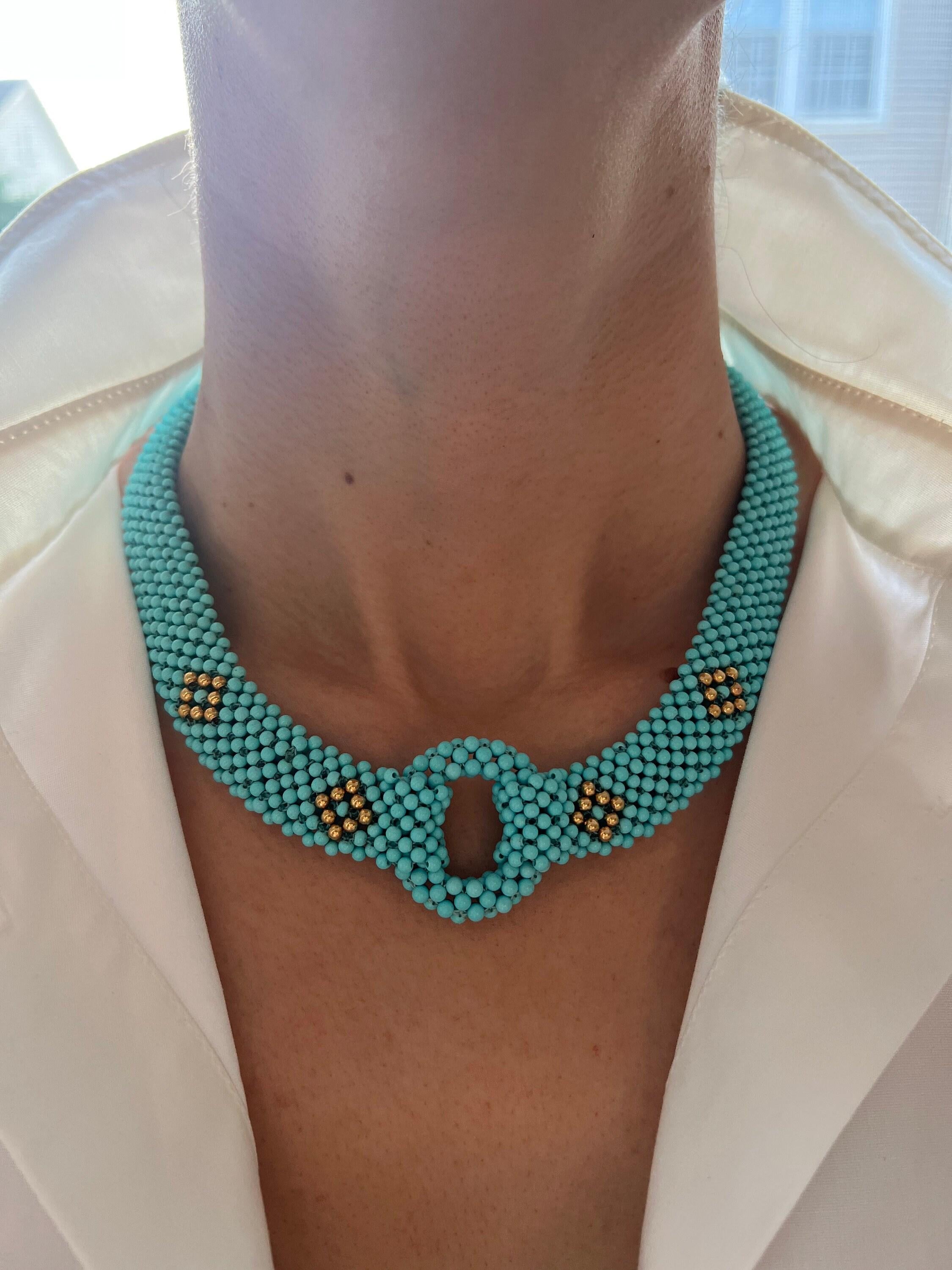 Teal Blue Turquoise Round Fancy Beads Unique Choker 14K Gold Statement Necklace