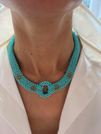 Teal Blue Turquoise Round Fancy Beads Unique Choker 14K Gold Statement Necklace
