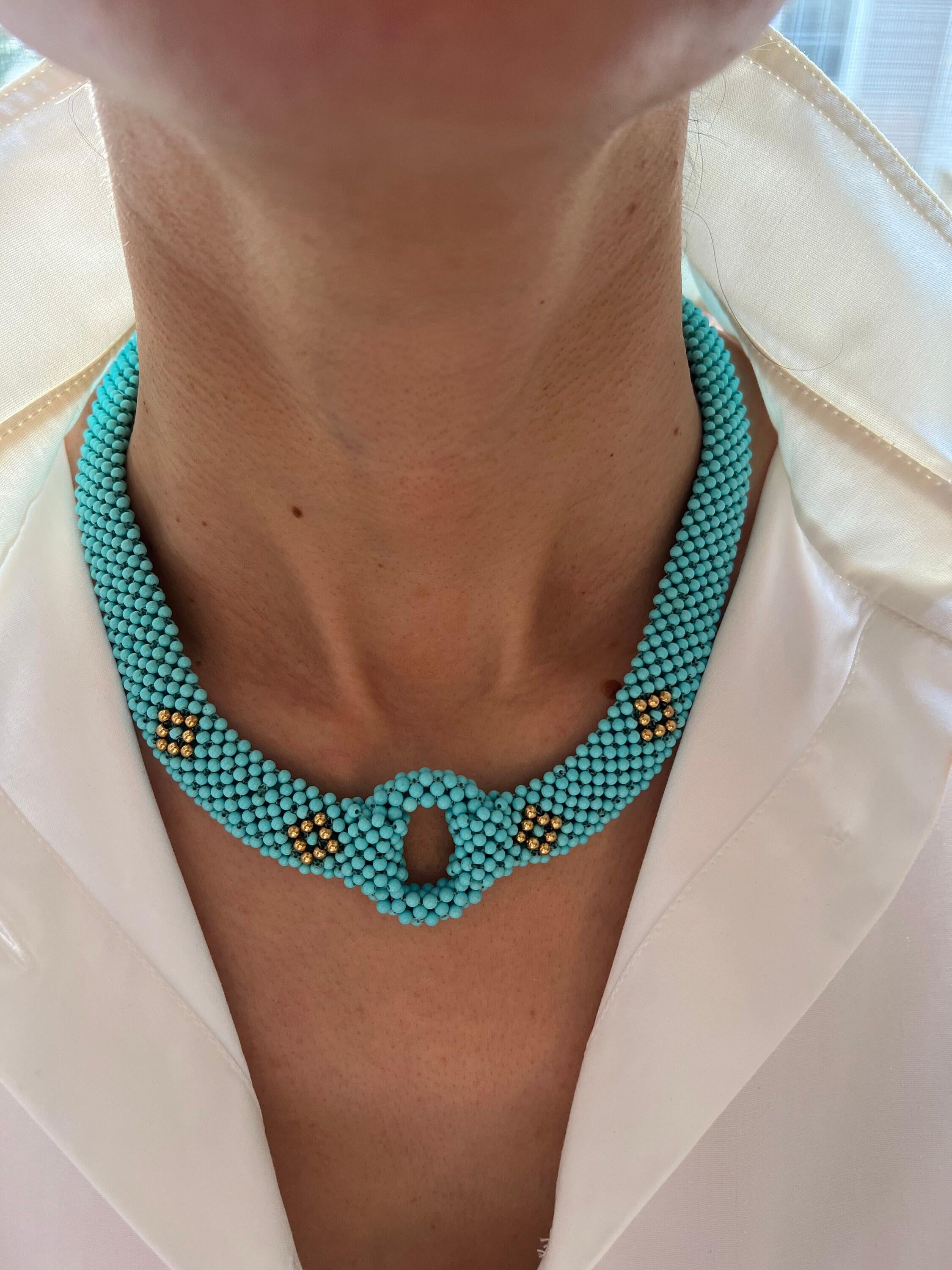 Teal Blue Turquoise Round Fancy Beads Unique Choker 14K Gold Statement Necklace