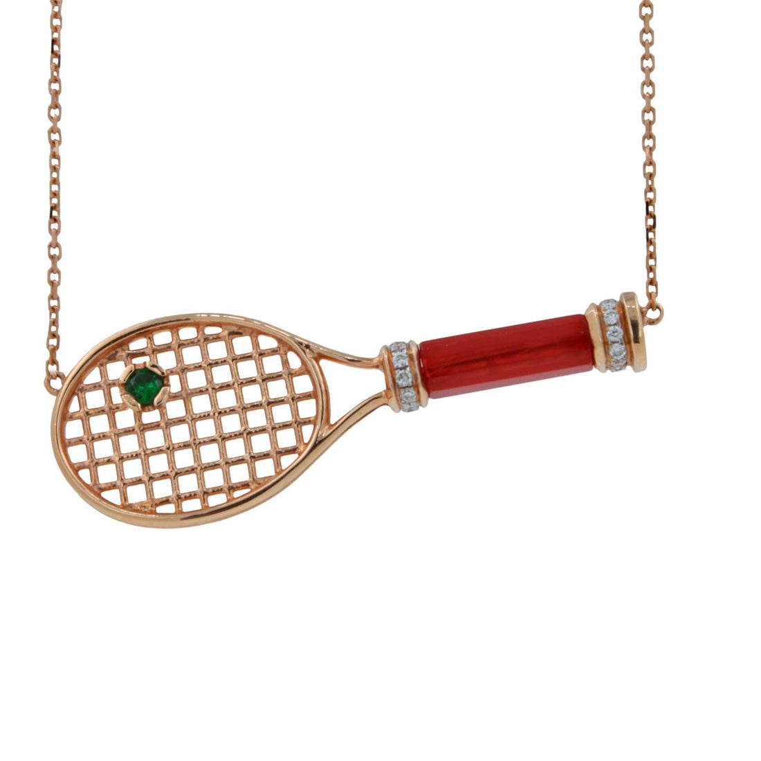 Tennis Racket Red Carnelian Handle Green Emerald Tennis Ball Jewelry 18 Karat Ro