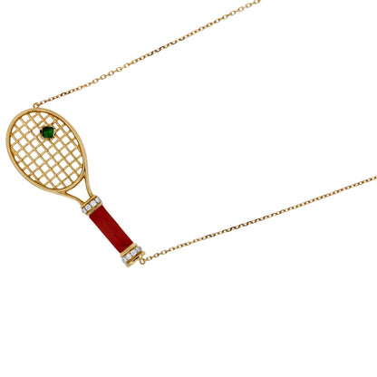 Tennis Racket Red Carnelian Handle Green Emerald Tennis Ball Jewelry 18 Karat Ro