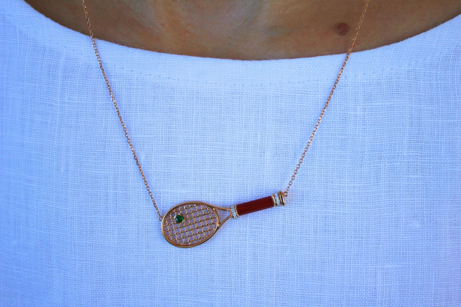 Tennis Racket Red Carnelian Handle Green Emerald Tennis Ball Jewelry 18 Karat Ro