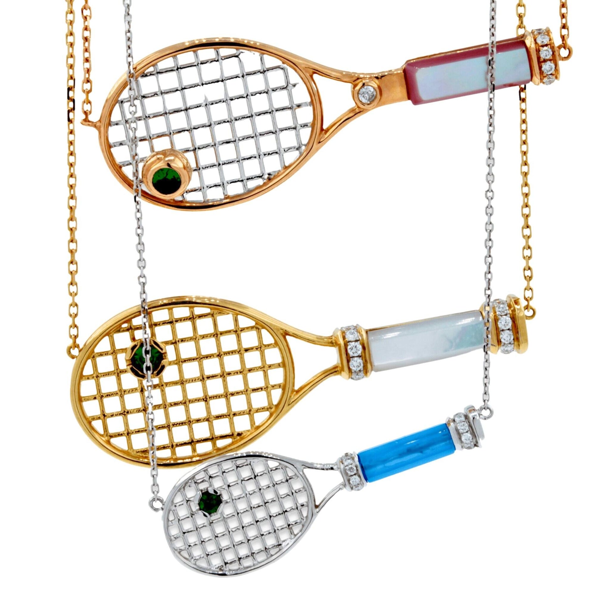 Tennis Racket White Mother of Pearl Handle Green Emerald Tennis Ball Jewelry 18 