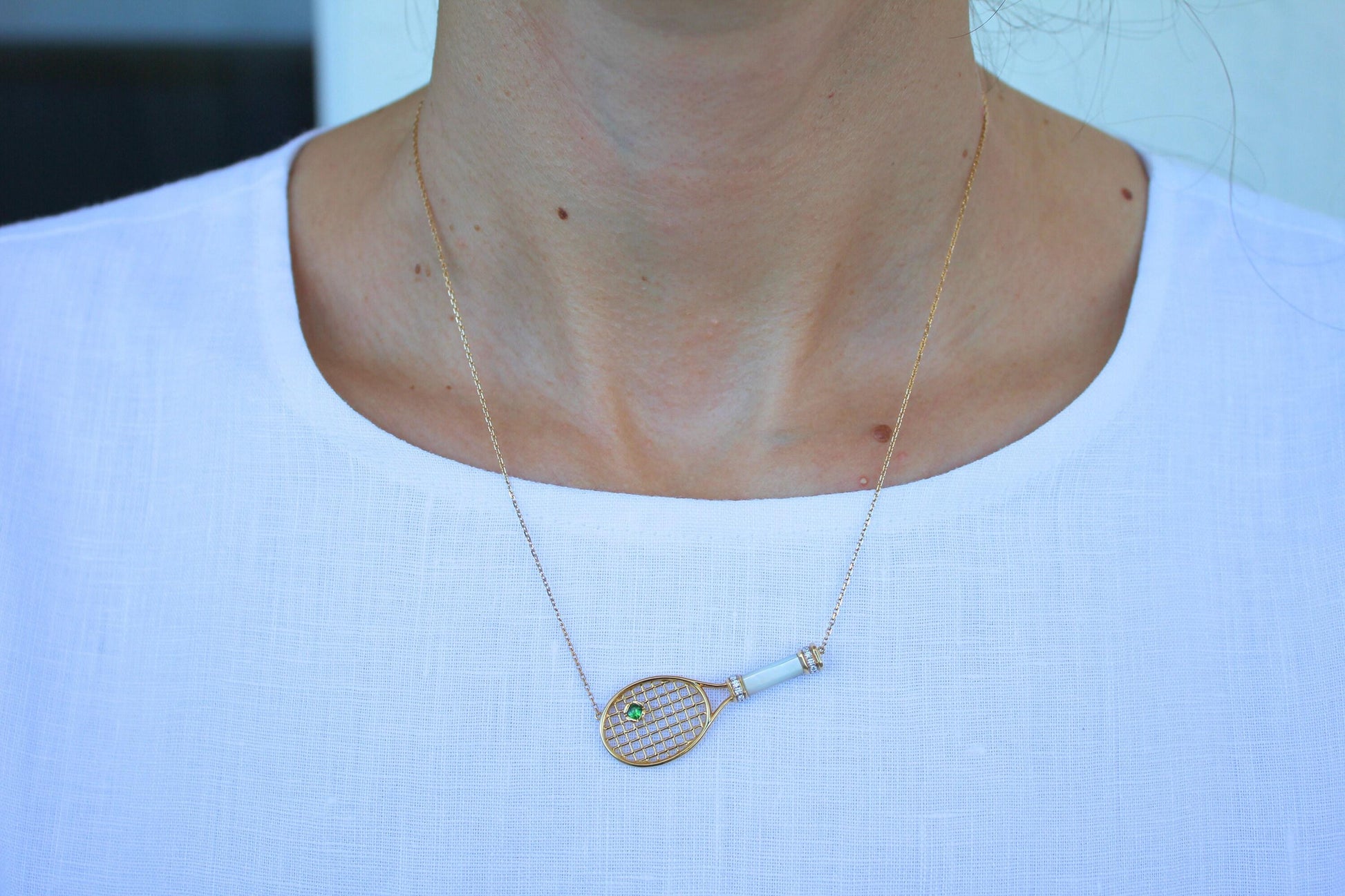Tennis Racket White Mother of Pearl Handle Green Emerald Tennis Ball Jewelry 18 