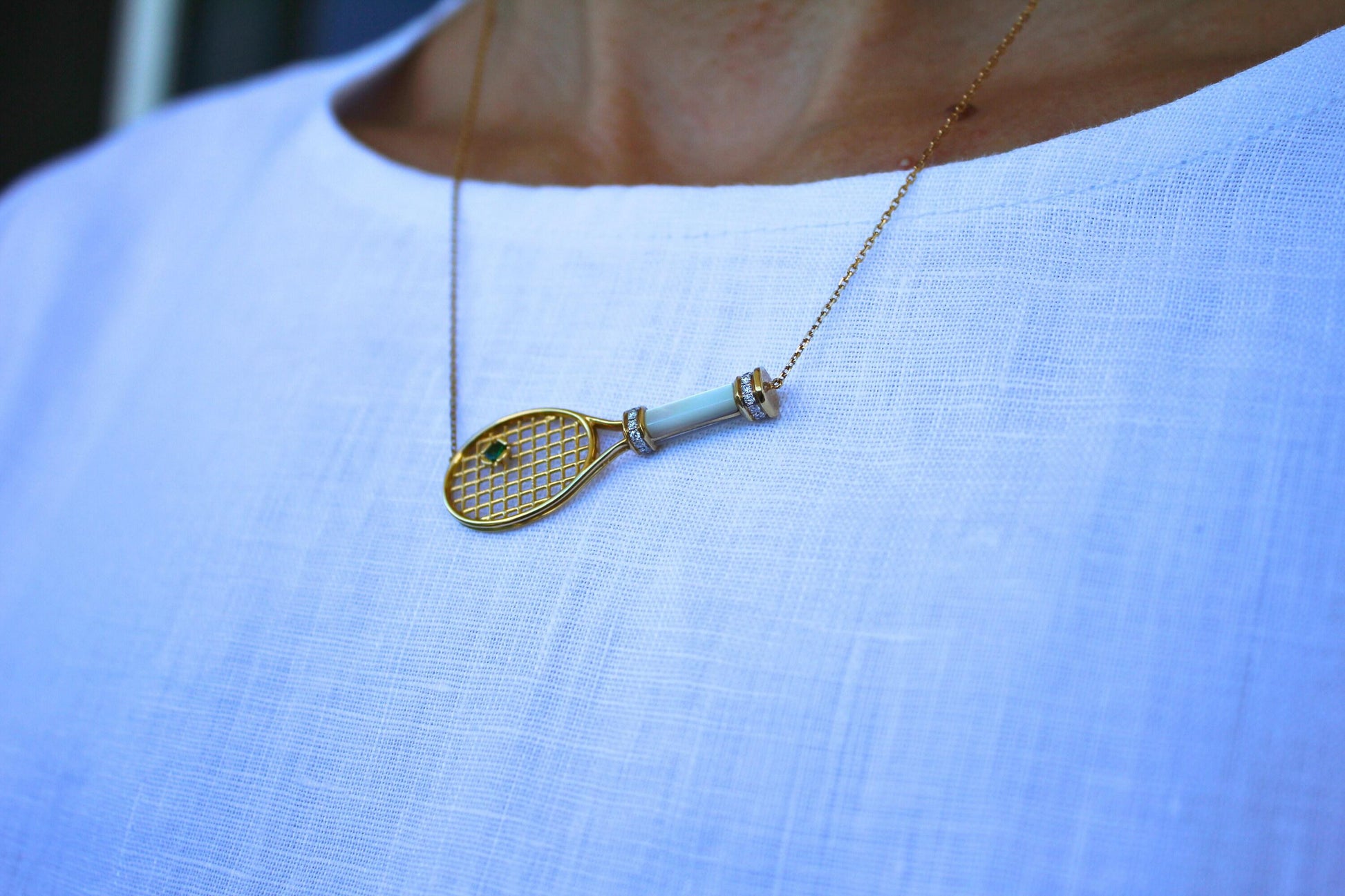 Tennis Racket White Mother of Pearl Handle Green Emerald Tennis Ball Jewelry 18 