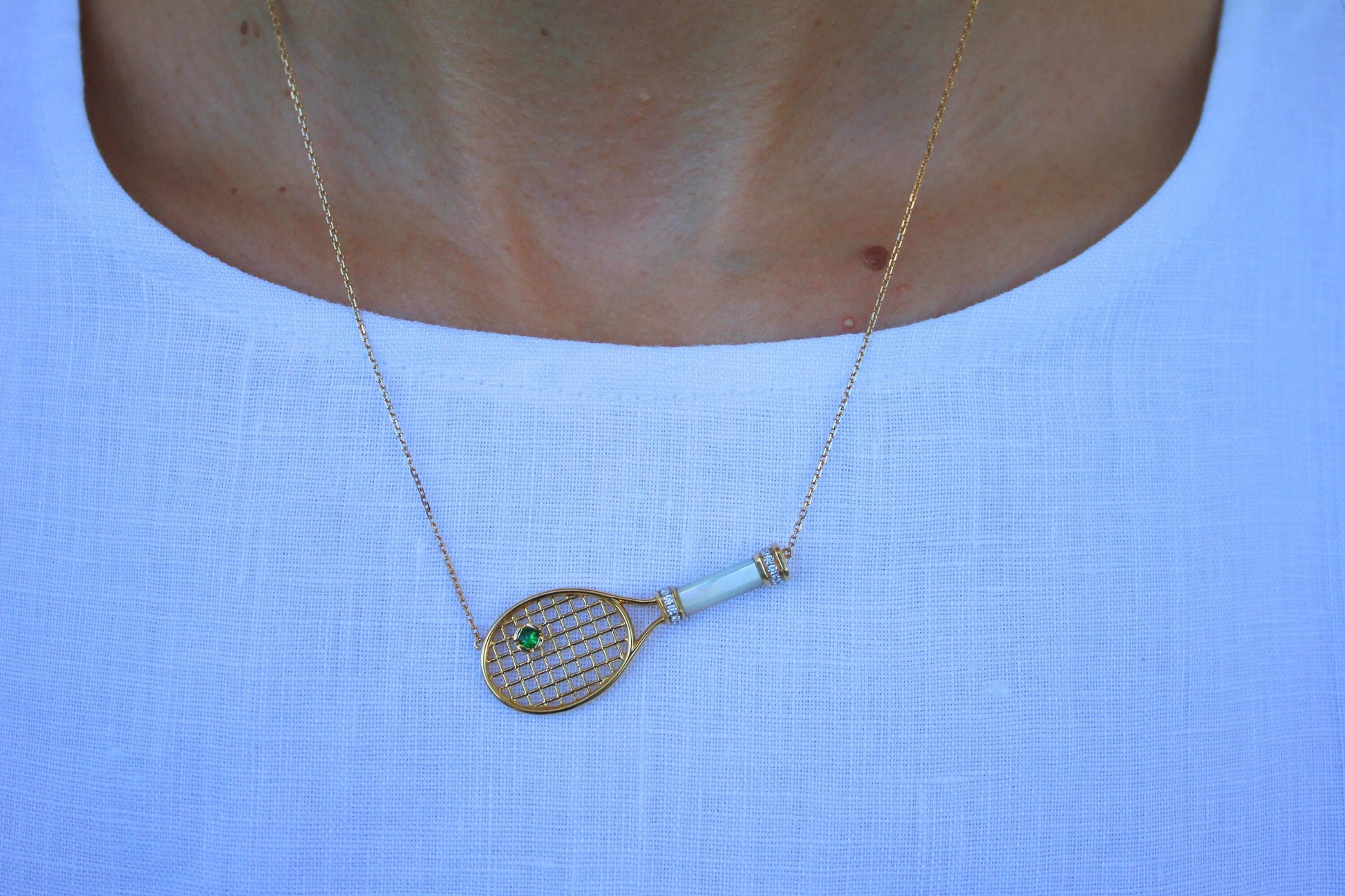 Tennis Racket White Mother of Pearl Handle Green Emerald Tennis Ball Jewelry 18 