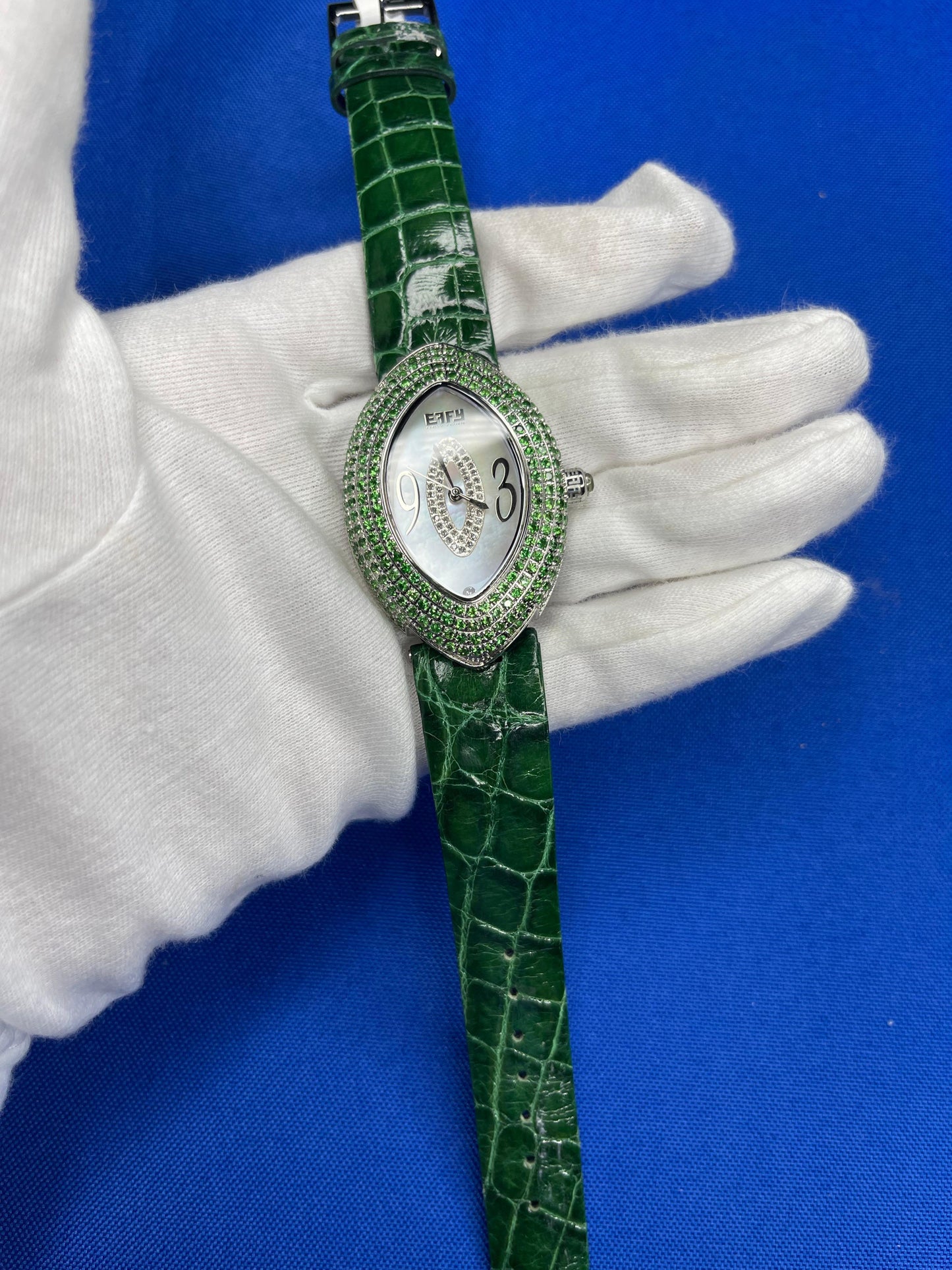 tsavorite & diamonds pave dial luxury swiss quartz exotic leather band watch