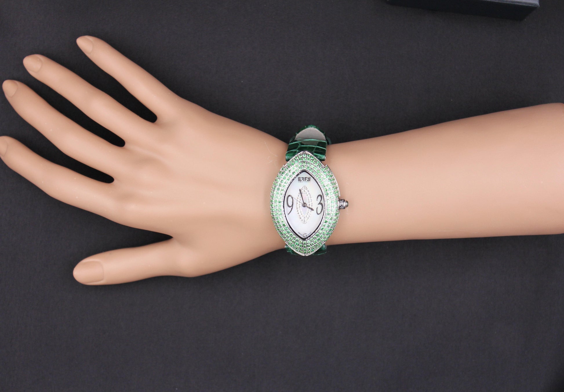 Tsavorite & Diamonds Pave Dial Luxury Swiss Quartz Exotic Leather Band Watch