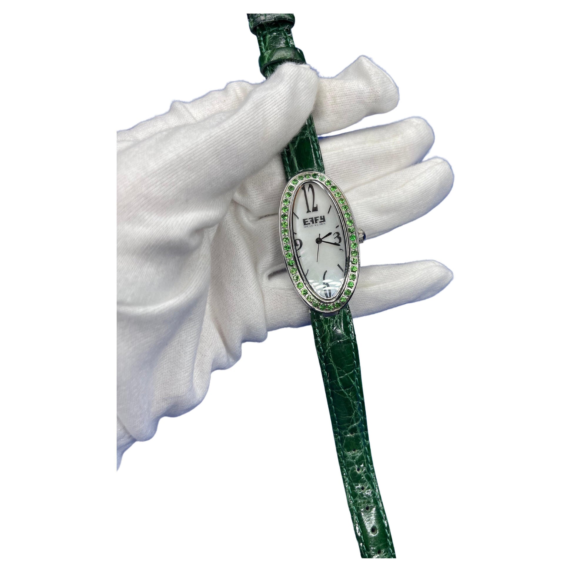 Tsavorite Pave Dial Luxury Swiss Quartz Exotic Leather Band Watch 1.90 CTW