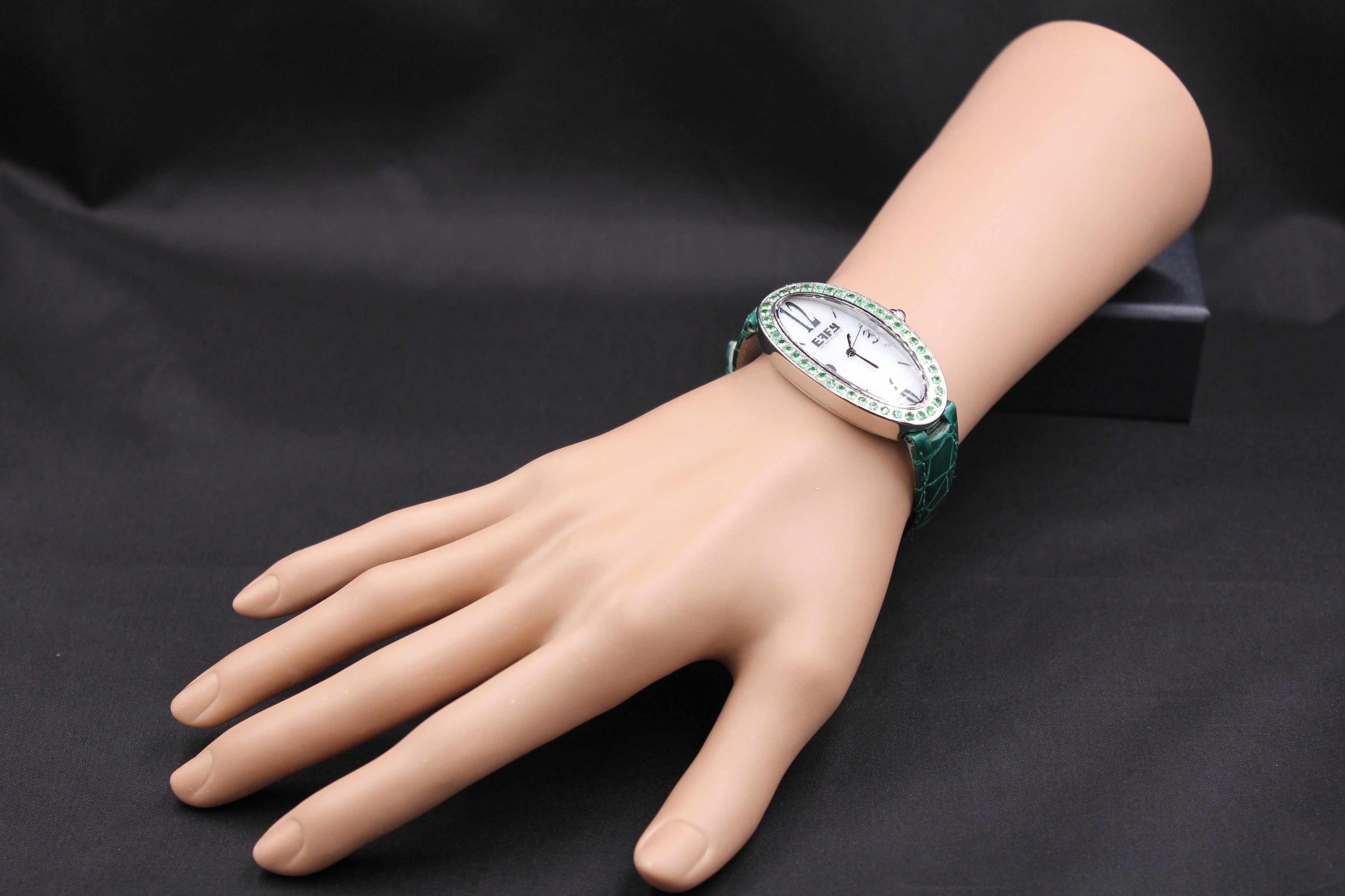 Tsavorite Pave Dial Luxury Swiss Quartz Exotic Leather Band Watch 1.90 CTW