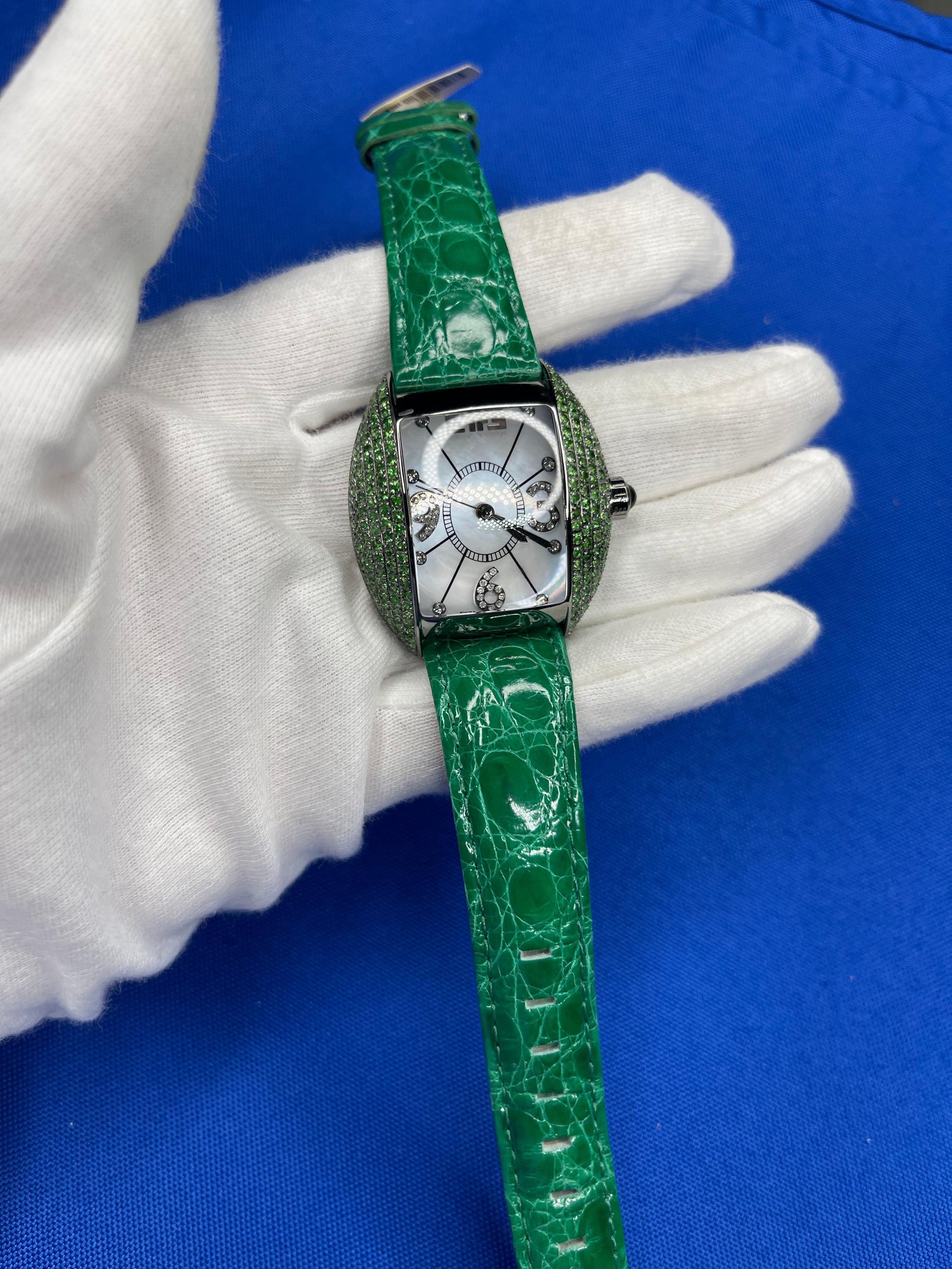 Tsavorites & Diamond Pave Dial Luxury Swiss Quartz Exotic Leather Band Watch