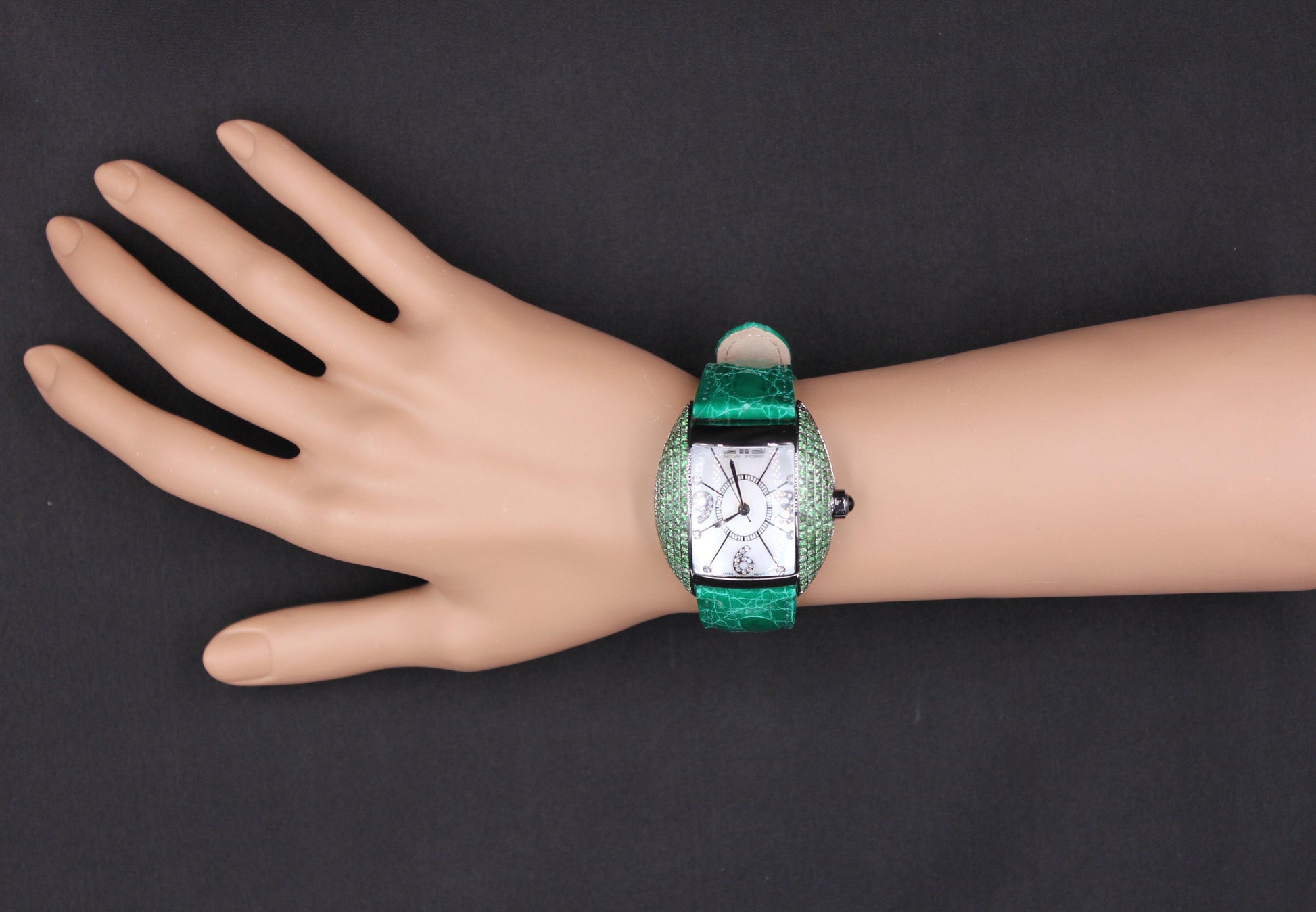 Tsavorites & Diamond Pave Dial Luxury Swiss Quartz Exotic Leather Band Watch