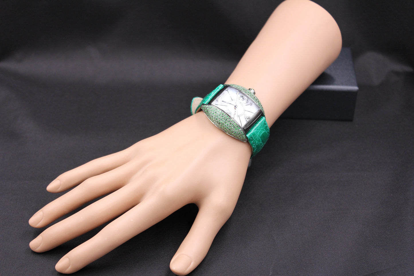 tsavorites & diamond pave dial luxury swiss quartz exotic leather band watch
