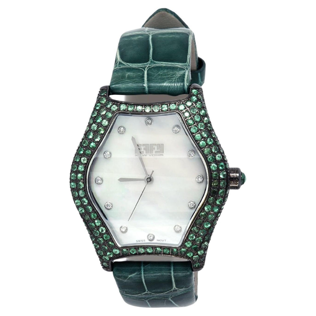 Tsavorites &amp; Diamond Pave Dial Luxury Swiss Quartz Exotic Leather Band Watch
