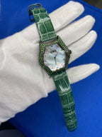 Tsavorites & Diamond Pave Dial Luxury Swiss Quartz Exotic Leather Band Watch