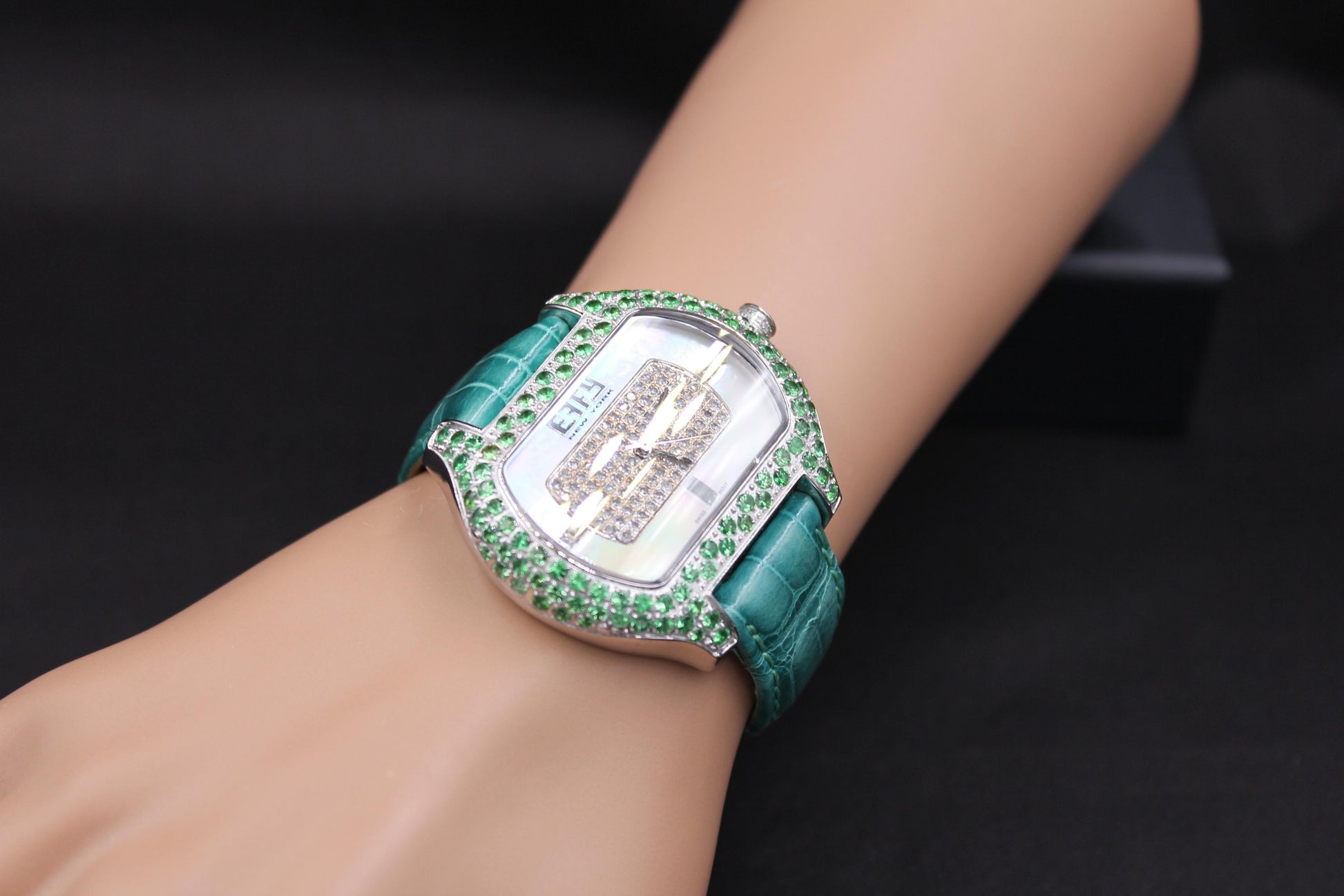 Tsavorites & Diamond Pave Dial Luxury Swiss Quartz Exotic Leather Band Watch