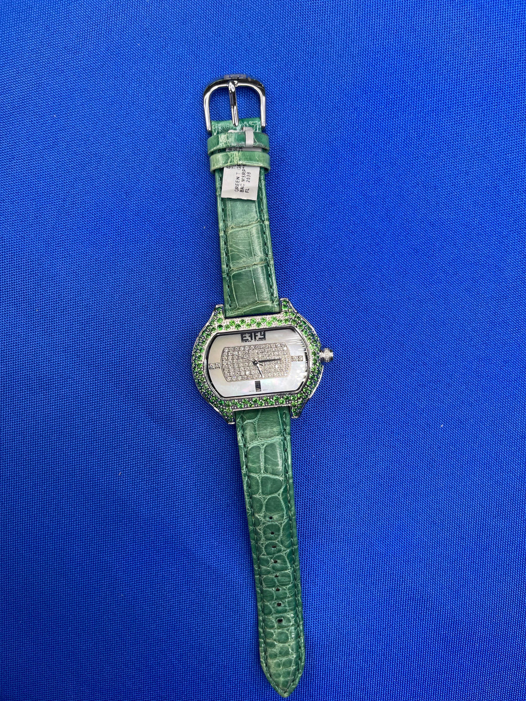 Tsavorites & Diamond Pave Dial Luxury Swiss Quartz Exotic Leather Band Watch
