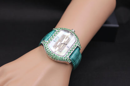 Tsavorites & Diamond Pave Dial Luxury Swiss Quartz Exotic Leather Band Watch