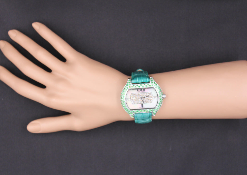 Tsavorites & Diamond Pave Dial Luxury Swiss Quartz Exotic Leather Band Watch