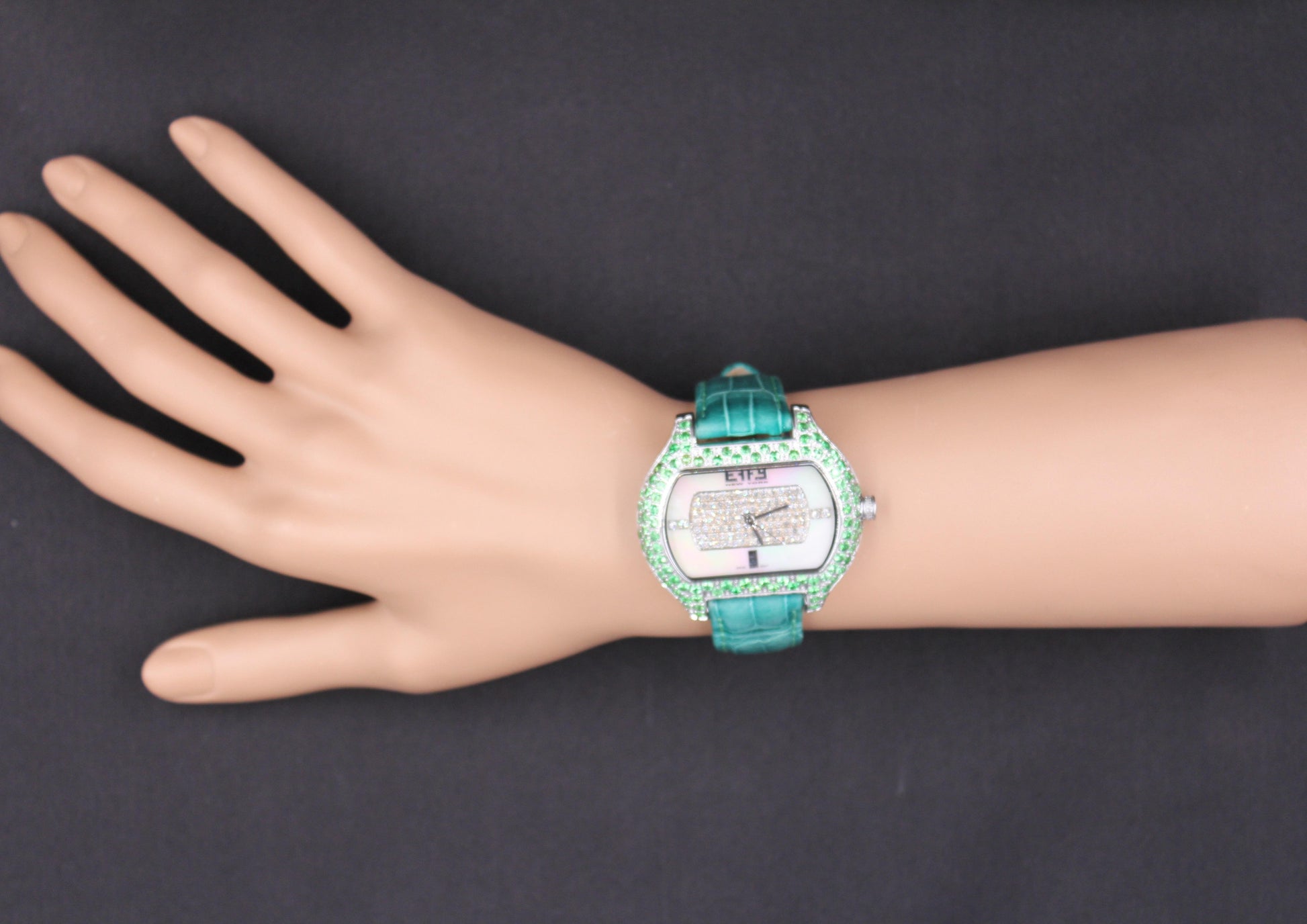 Tsavorites & Diamond Pave Dial Luxury Swiss Quartz Exotic Leather Band Watch