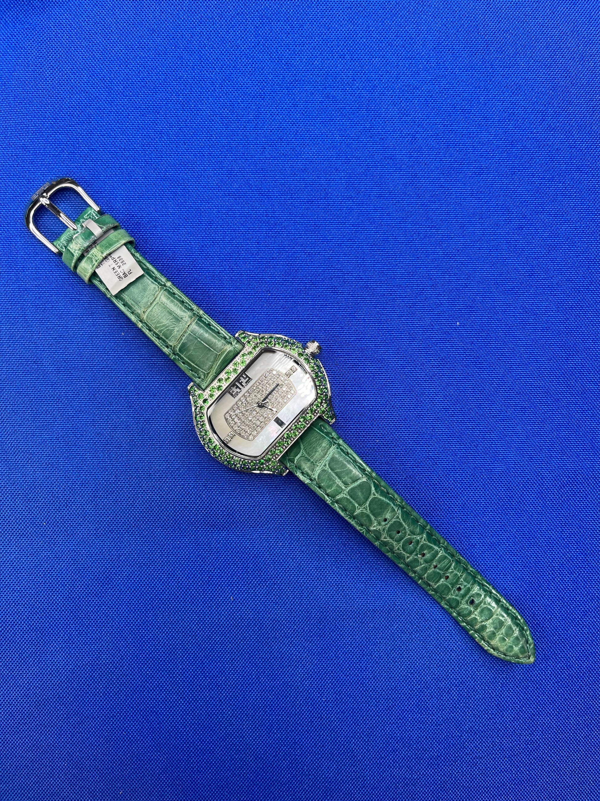 Tsavorites & Diamond Pave Dial Luxury Swiss Quartz Exotic Leather Band Watch