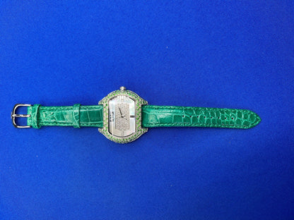 Tsavorites & Diamond Pave Dial Luxury Swiss Quartz Exotic Leather Band Watch