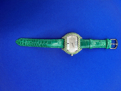 Tsavorites & Diamond Pave Dial Luxury Swiss Quartz Exotic Leather Band Watch