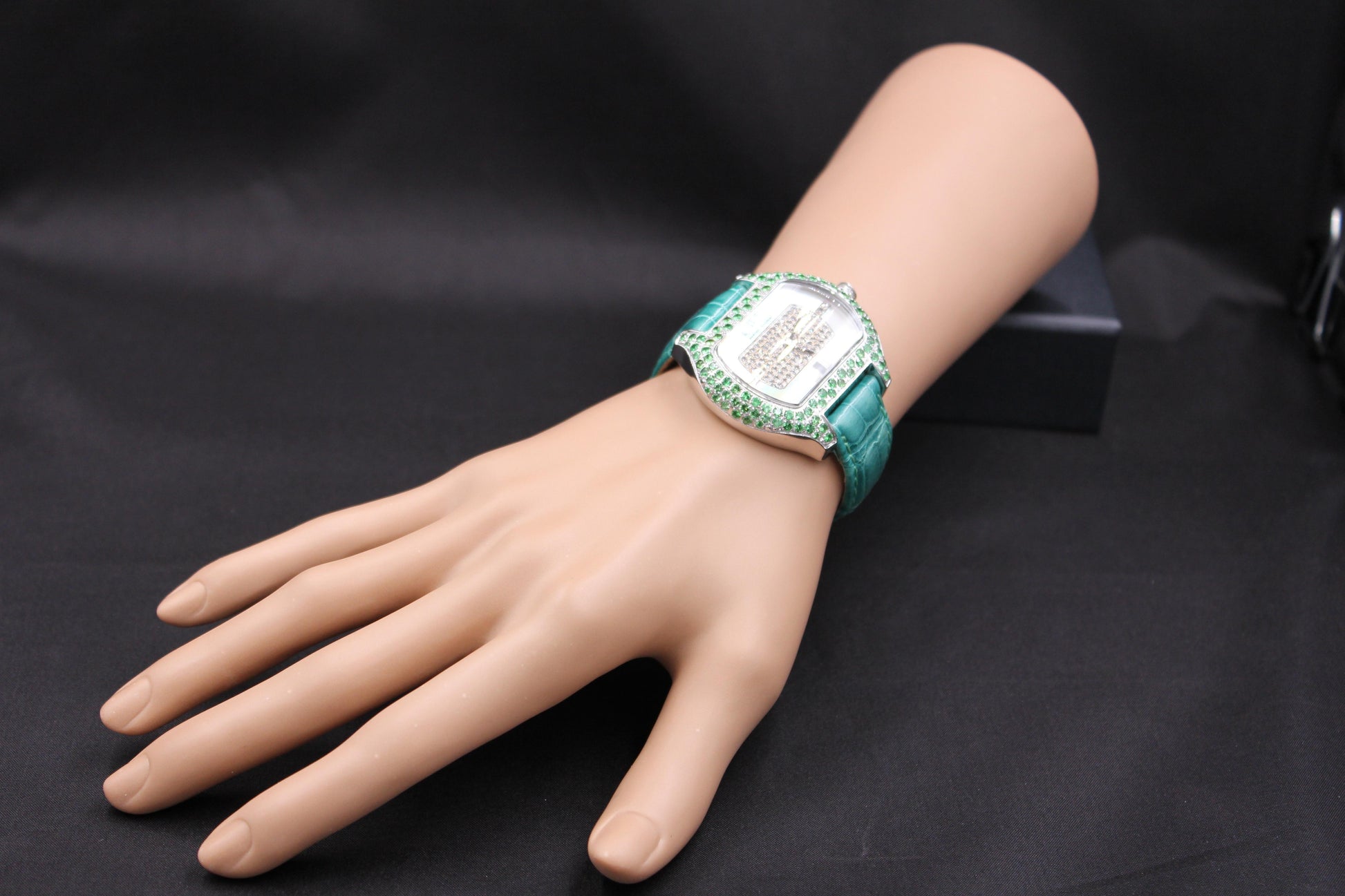 Tsavorites & Diamond Pave Dial Luxury Swiss Quartz Exotic Leather Band Watch