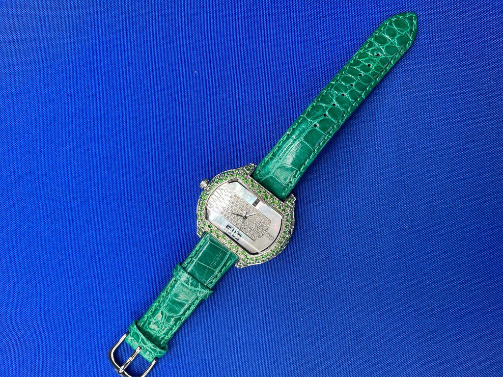 Tsavorites & Diamond Pave Dial Luxury Swiss Quartz Exotic Leather Band Watch