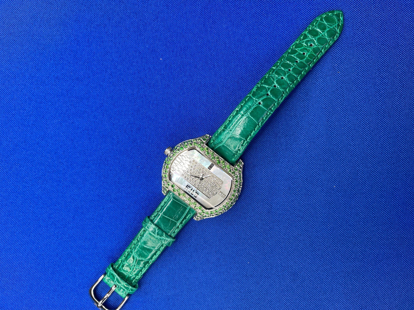 tsavorites & diamond pave dial luxury swiss quartz exotic leather band watch