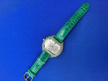 Tsavorites & Diamond Pave Dial Luxury Swiss Quartz Exotic Leather Band Watch