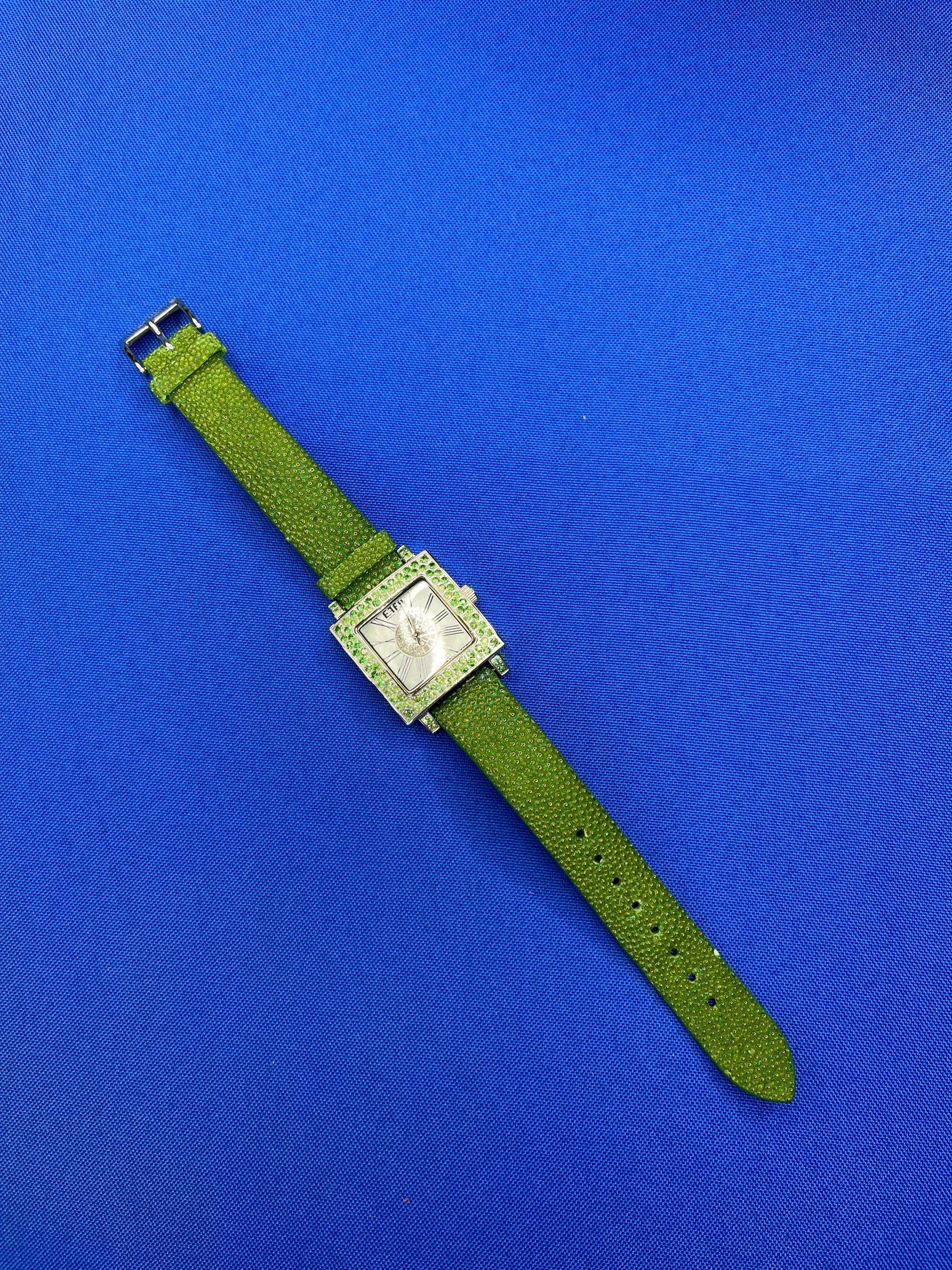 Tsavorites & Diamonds Pave Dial Luxury Swiss Quartz Exotic Leather Band Watch