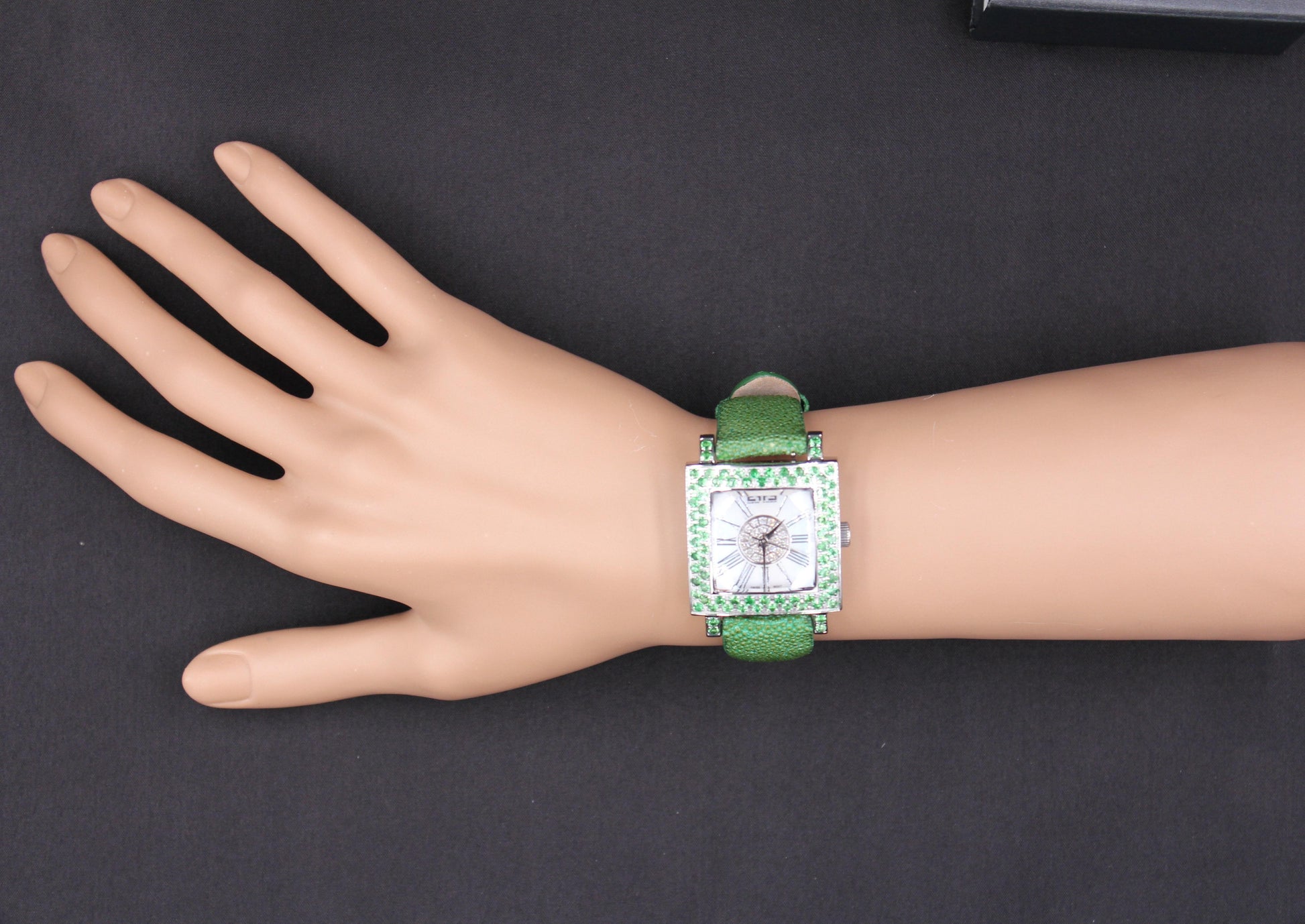 Tsavorites & Diamonds Pave Dial Luxury Swiss Quartz Exotic Leather Band Watch