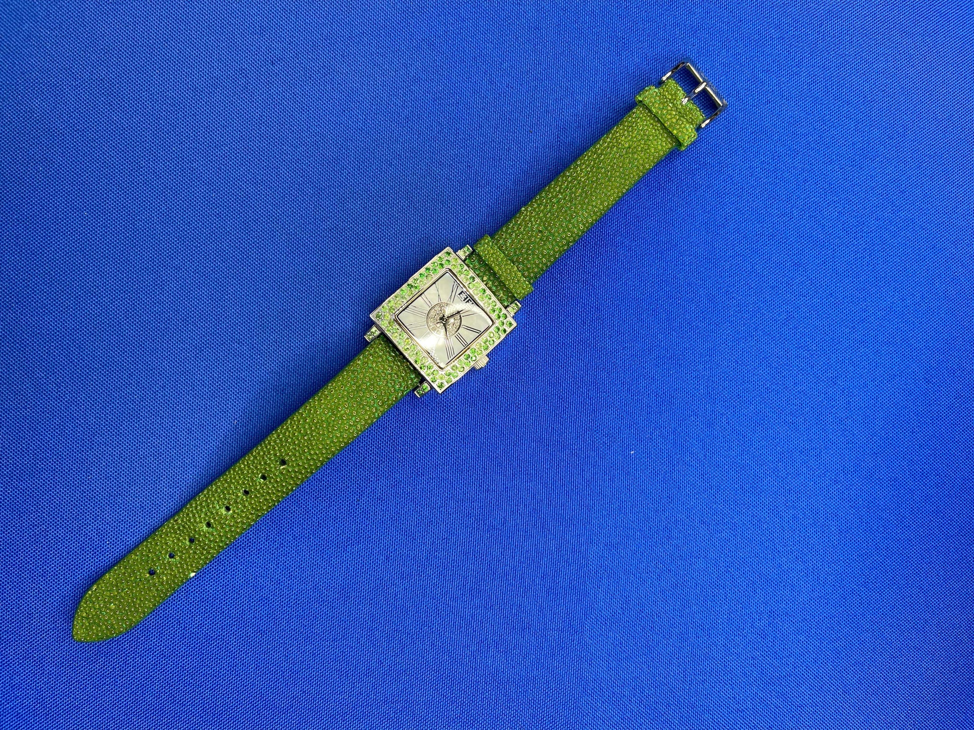 Tsavorites & Diamonds Pave Dial Luxury Swiss Quartz Exotic Leather Band Watch