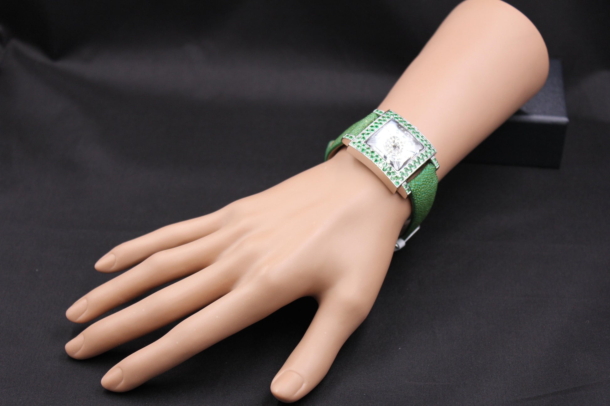 Tsavorites & Diamonds Pave Dial Luxury Swiss Quartz Exotic Leather Band Watch