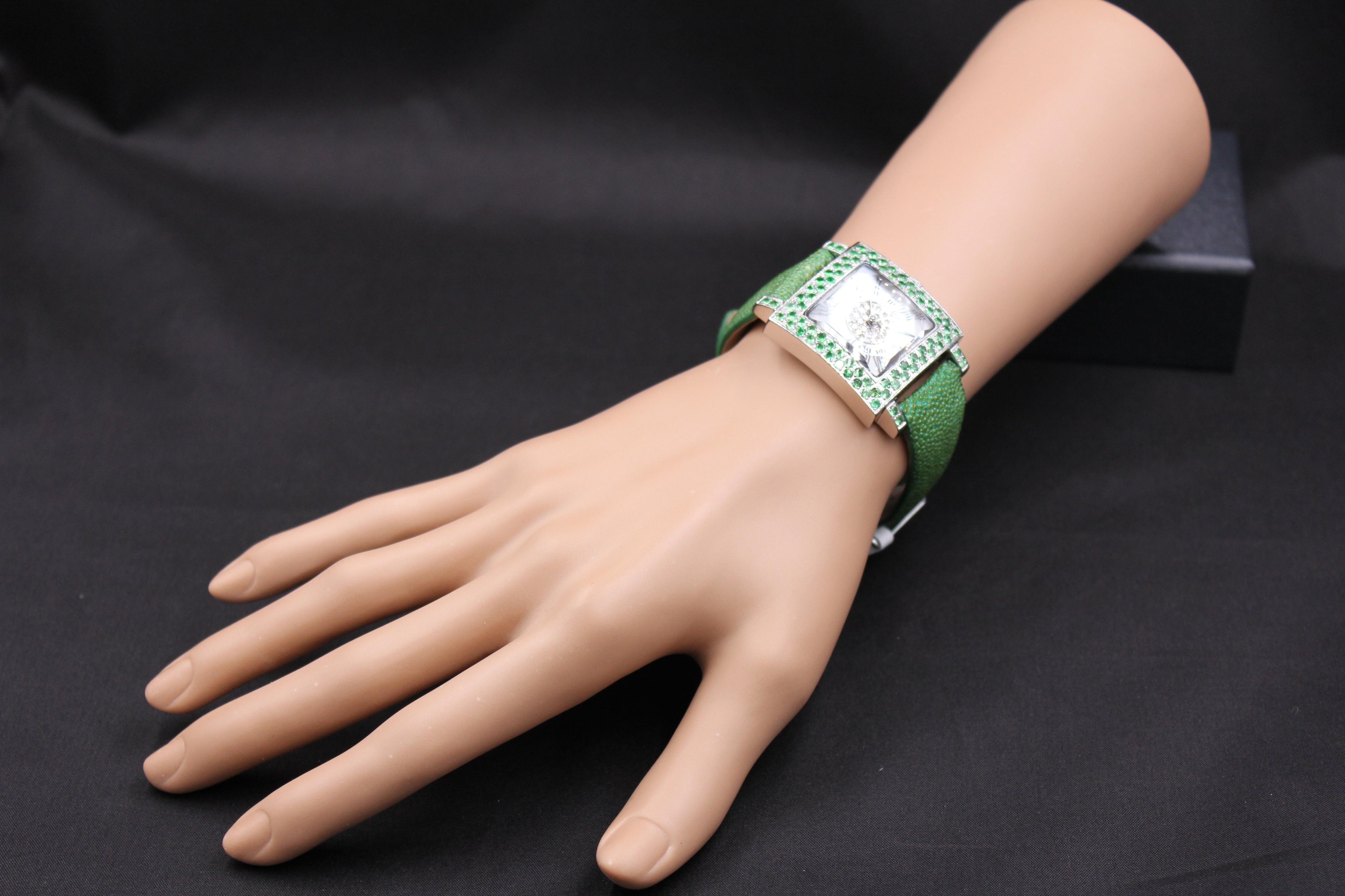 Tsavorites &amp; Diamonds Pave Dial Luxury Swiss Quartz Exotic Leather Band Watch