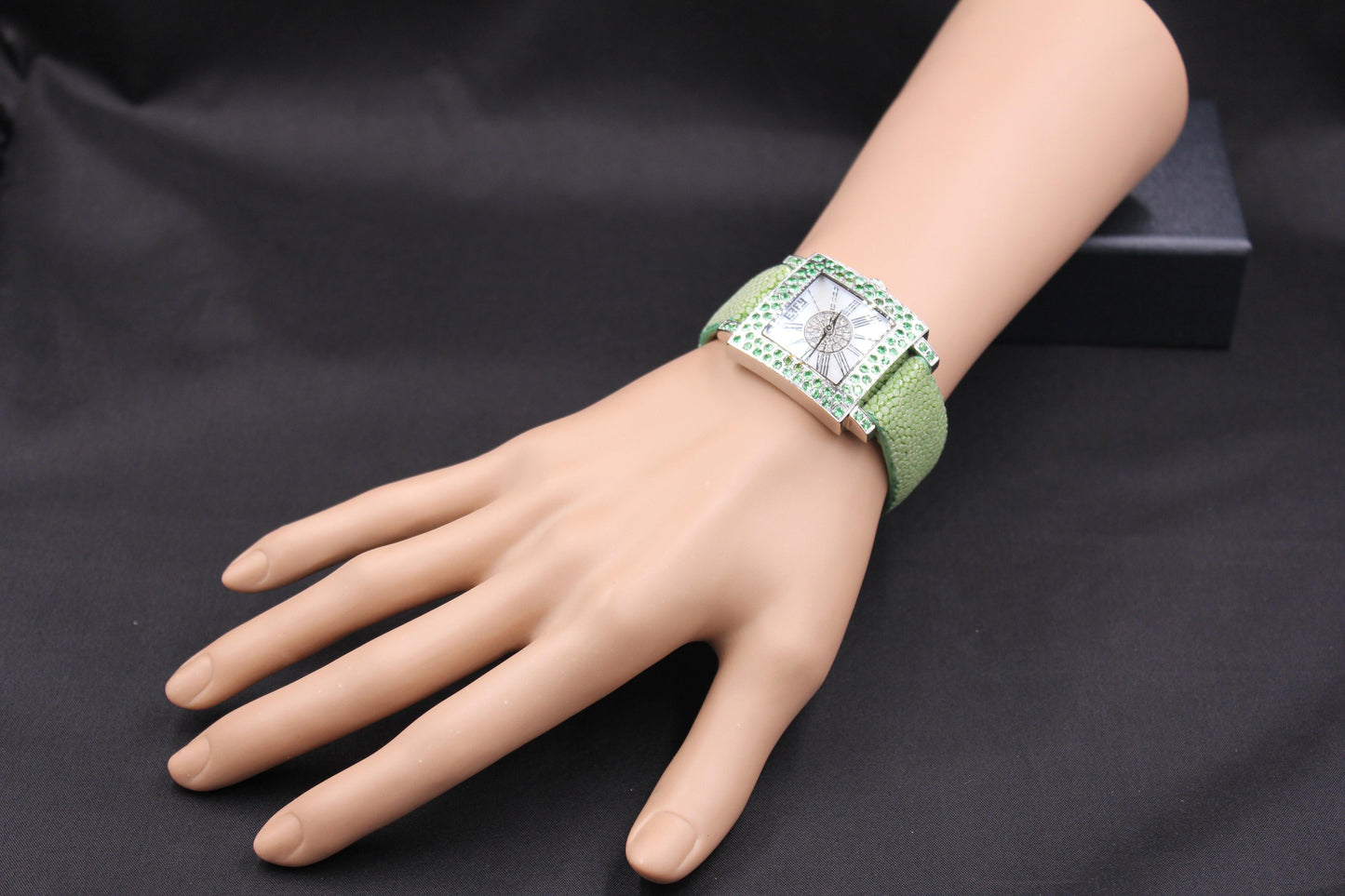 tsavorites & diamonds pave dial luxury swiss quartz exotic leather band watch