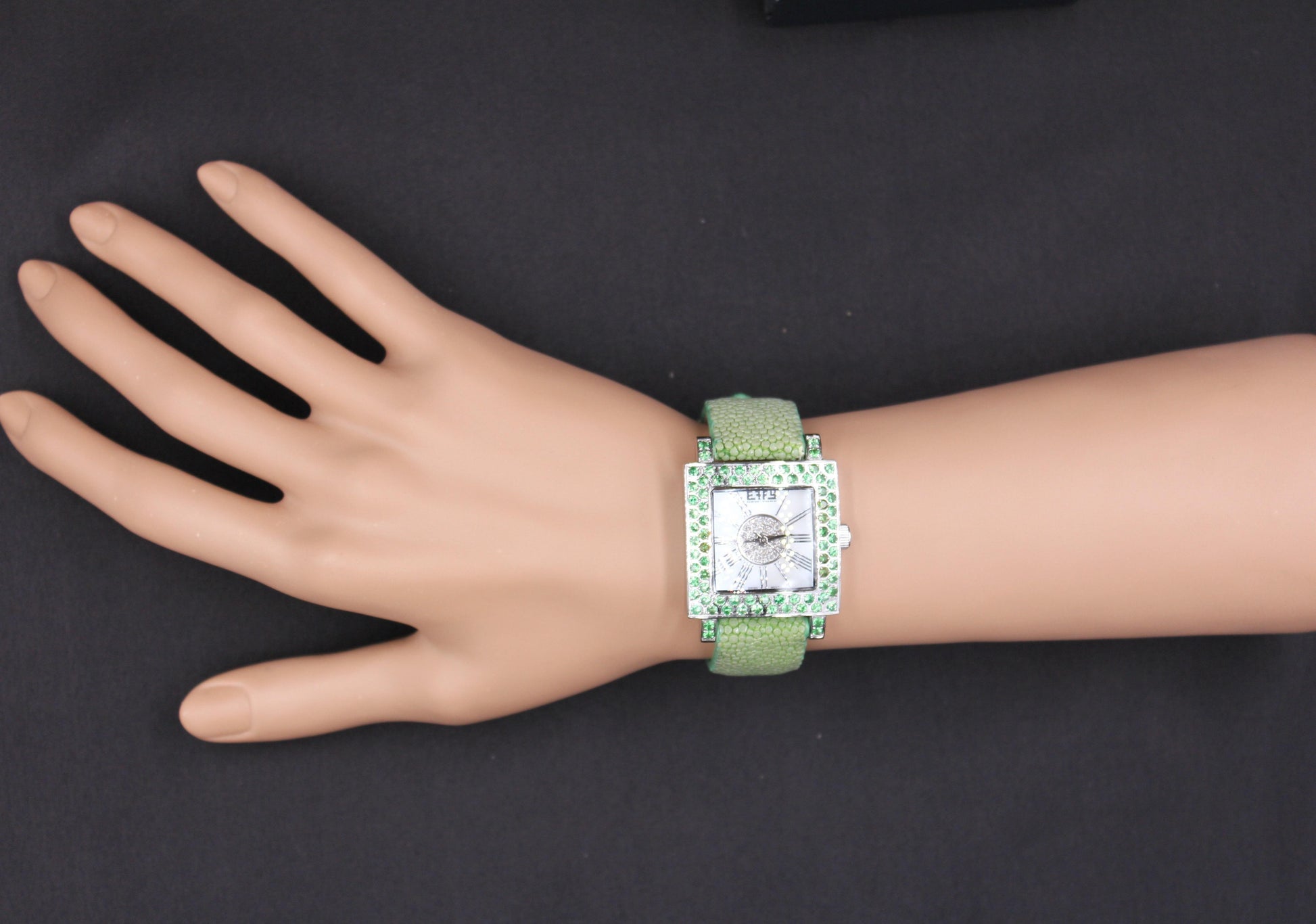 Tsavorites & Diamonds Pave Dial Luxury Swiss Quartz Exotic Leather Band Watch