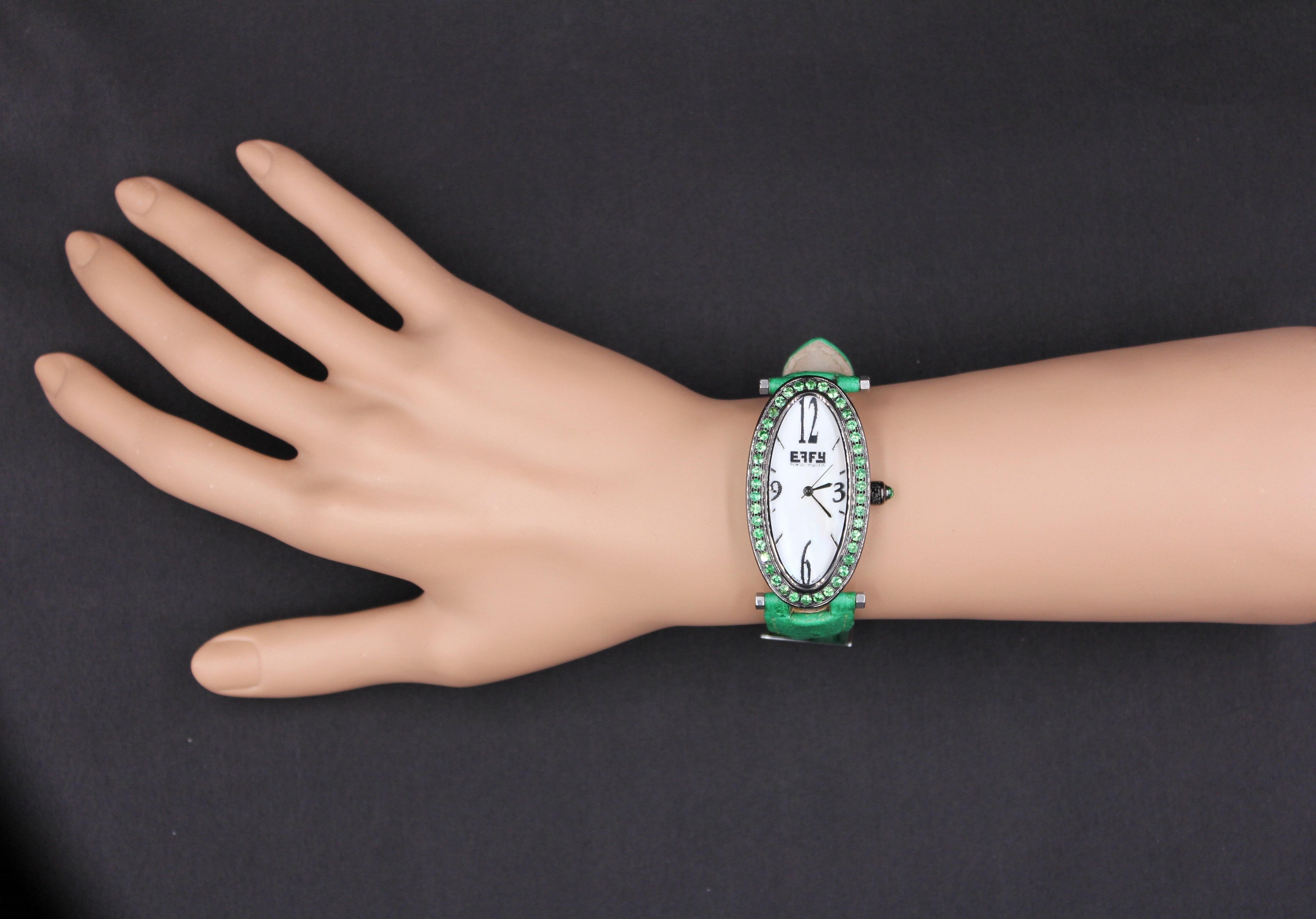 Tsavorites Pave Dial Luxury Swiss Quartz Exotic Leather Band Watch 1.90 CTW