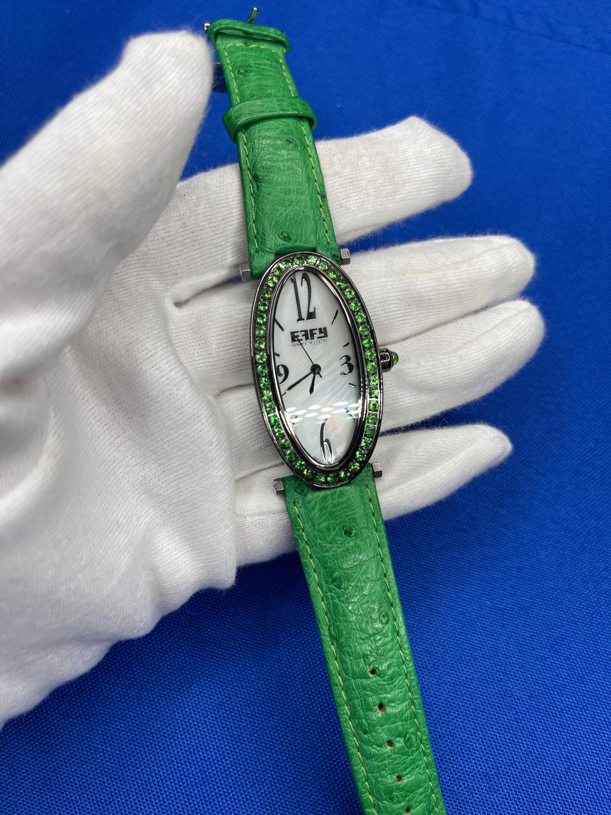 Tsavorites Pave Dial Luxury Swiss Quartz Exotic Leather Band Watch 1.90 CTW