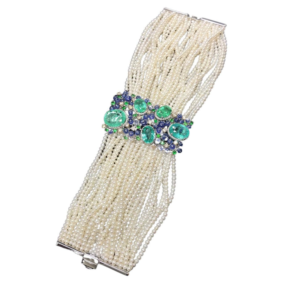 Unique Rare Paraiba Tourmalines Diamonds Akoya Pearls Tanzanites Gold Bracelet