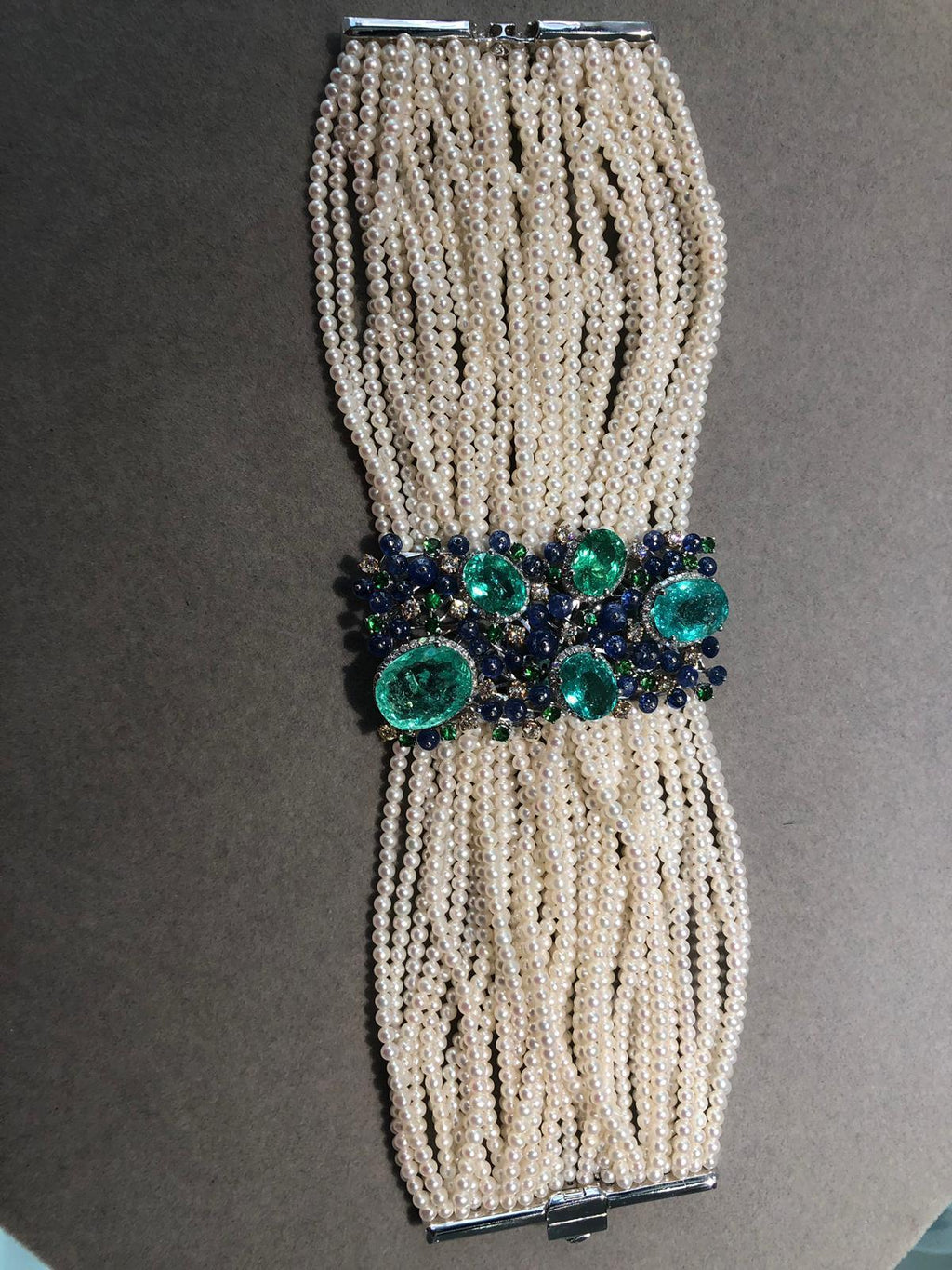 Unique Rare Paraiba Tourmalines Diamonds Akoya Pearls Tanzanites Gold Bracelet
